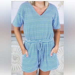 Blue & white striped shorts romper